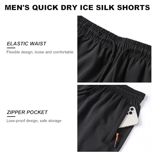 IBIH Shorts masculinos elásticos de seda gelada, de secagem rápida, com bolso com zíper, para treino