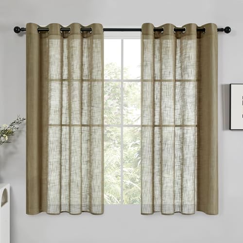 Deconovo Cortinas Semi Translucidas Efecto Lino para Salon Habitacion Infantil Dormitorio de Ventanas Visillos 2 Piezas 140x145cm Moca