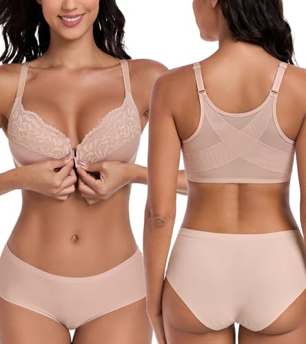 Image of Lemorosy Women's Plus Size Front Closure Non Padded Underwire Back Support Bra(Beige,40D)