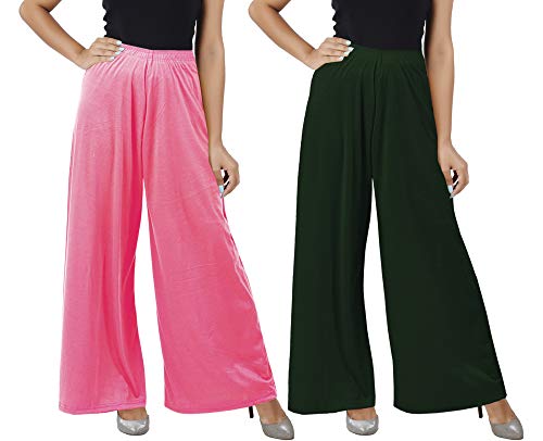 Image of Buy That Trendz M to 4XL Cotton Viscose Loose Fit Women M to 6XL Flared Wide Leg Palazzo Pants for Rose Bottle Green 2 of Pack Combo Medium