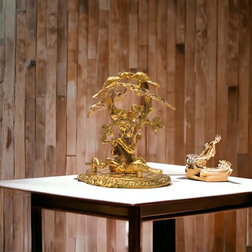 Image of KridayKraft Shri Krishna Sitting Under Tree Laddu Gopal with Playing Flute Metal Statue Showpiece Figurines,Religious Idol Gift Article.