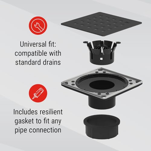 GURU USA Evo Lite Plus Square Stainless Steel Shower Drain with ABS Base & Hair Strainer, Bathroom Accessories for Shower Floor Drainage, Plus Nero - Image 6