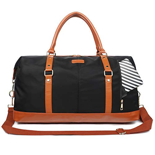 Oflamn Duffle Bag Smooth Nylon Leather Weekender Overnight Travel Carry On Bag (X-Black)
