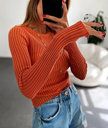 Image of KAMISSY Women See Through Crew Neck Sheer Mesh Knitted Sweater Solid Basic Long Sleeve Loose Fit Knit Pullover Jumper Top