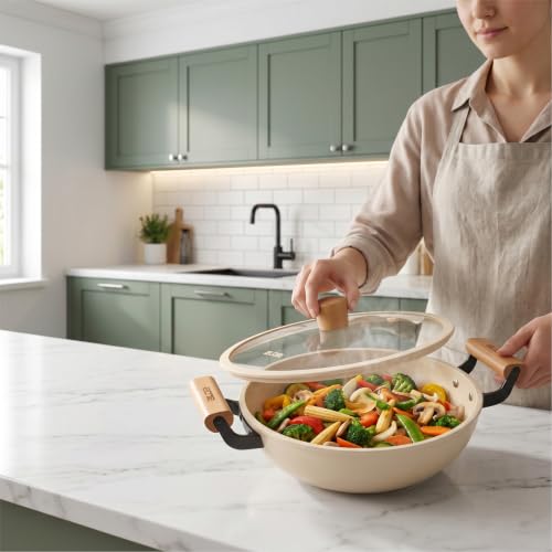 Image of Alda Ceramico 28cm Deep Wok with Glass Lid | Non-Stick Ceramic Kadhai with Dual Wooden Handles | Cream Multipurpose Cooking Pan | Induction & Gas Stove Compatible Cookware