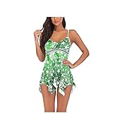 LCDIUDIU Tankinis Für Damen, Damen-Tankini-Sets Badeanzüge Sexy Hoch Taillierte Grüne Pentagramm-Druck-Badebekleidung Tummy Control Zweiteiliger Badeanzug Push-Up-Strand-Badeanzüge,XL