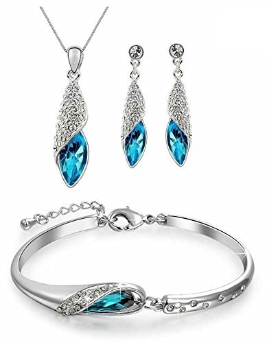 Crunchy Fashion 18K White Gold Austrian Crystal Necklace Earrings & Bracelet Combo Jewellery Set Gifts for Girls & Women