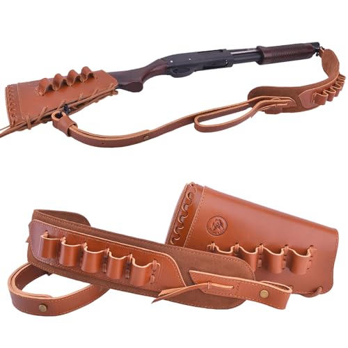 Leather Rifle Buttstock Cover with Match Gun Sling Ammo Shell Holder, Handmade (Brown, 12 Gauge)