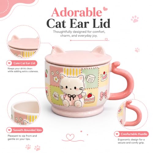 Image of Vasukie Cute Kitty Ceramic Coffee Mug with Cat Ears Lid & Tail Handle | 3D Patchwork Kitten Tea Cup for Milk, Soup, & Hot Cocoa | Kawaii Pastel Pink Drinkware Gift for Cat Lovers (Pink)