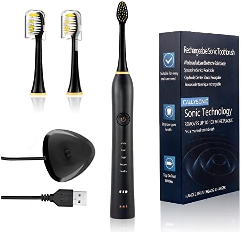 CALLYSONIC Sonic Electric Toothbrush, Rechargeable Electric Toothbrushes with Replacement Tongue Brush Heads, 5 Whitening Modes, USB Toothbrush Charge Base - H49 Black