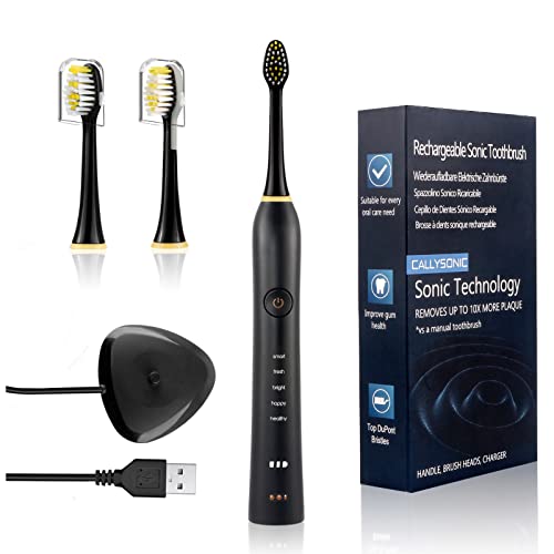 Sonic Elektrische Zahnbürste - CallySonic H49 Elektrische Schallzahnbürste Mit 2 Aufsteckbürsten, 5 Putzmodi , Timer , Aufladen 4 Stunden Hält 45 Tage, Schwarz Cover