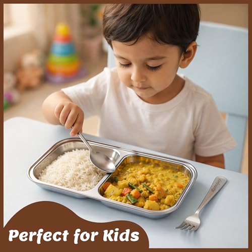 Image of SAVRI Personalized Stainless Steel Pav Bhaji Plate Set for Kids - Customized Laser Photo & Name Printed | Cartoon Design | 2-Compartment Plate with Spoon & Fork | Birthday & Return Gift (Set of 3)