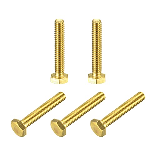 Image of uxcell Brass Hex Bolts, 1 /4-20x1-1 /2 5pcs Fully Thread Grade 4.8 Solid Brass Hexagon Head Bolt Machine Screws for Machinery