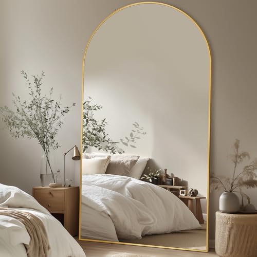 antok Stor helkroppsspegel, 194 x 114 cm, stående spegel i full längd, väggspegel med aluminiumlegering, ram och okrossbar glas, välvd golvspegel för vardagsrum, omklädningar, guld