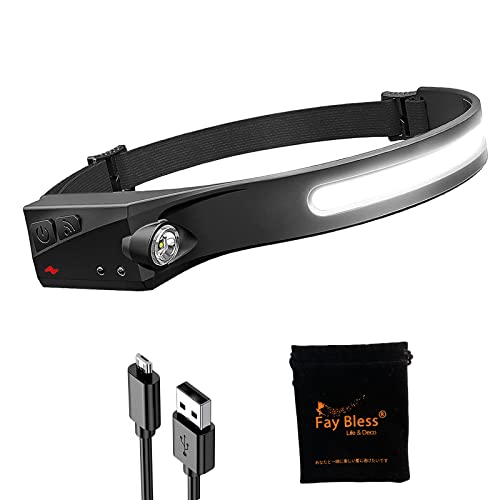 Fay Bless Lot de 1 lampes frontales à LED rechargeables, faisceau large, éclairage à 230°, 350 lumens, 95 g, lampe frontale légère pour le camping, la course, la randonnée (1 lot noir) Cover