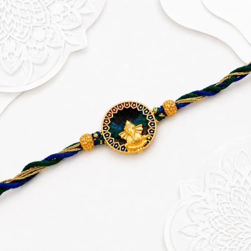 Image of eCraftIndia Red Blue Round Designer Rakhi for Brother Bhaiya Bhai | Roli Chawal Pack | Rakhi Combo