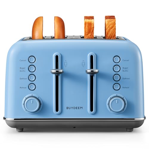 Image of BUYDEEM DT640 4-Slice Toaster, Extra Wide Slots, Retro Stainless Steel with High Lift Lever, Bagel and Muffin Function, Removal Crumb Tray, 7-Shade Settings,Blue