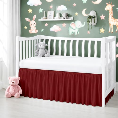 Image of Cotton Crib Bed Skirt Dust Ruffle with Split Corners, 14 inch Drop, Burgundy | Nursery Standard Crib Bedding Bed Skirt for Baby Boys and Baby Girls. Hides Under-Crib Storage for a Neat Appearance