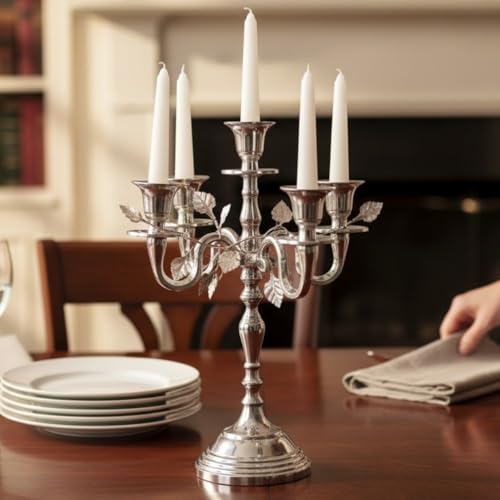 Image of Decorative Aluminum Vintage 5-Arm German Silver Candelabra Candle Holder - Elegant Metal Table Centerpiece for Home, Wedding, Party & Dining Room Decor