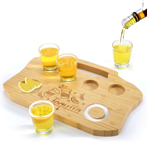 Tebery 6 Slot Tequila Shot Board with Handle, Tequila Flight Board with 4 Shot Glass Portable, Bamboo Shot Glasses Serving Tray with Salt Rim, Shot Glass Holder for Liquor, Bar, Housewarming, Party - Thumbnail 4