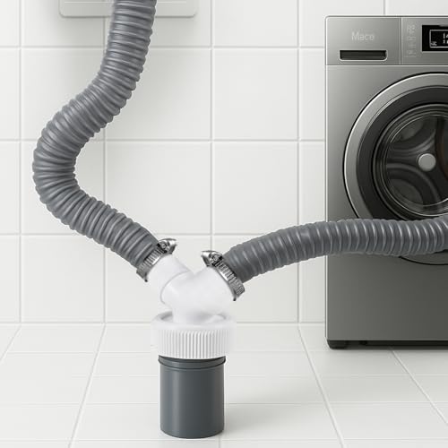 Abfluss Waschmaschine Doppelanschluss, Waschmaschine Abfluss Adapter Y-Adapter für Geschirrspüler, Trockner, Waschmaschine, Gartenschläuchen, 18-24 mm und Abgang 40mm Rohr mit Schlauchschelle