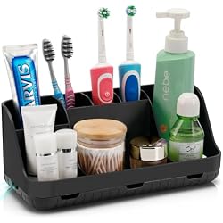GFWARE Black Toothbrush Holder - 7 Slots Bathroom Organizer Countertop with Drainage Matte Black Electric Toothbrush and Toothpaste Holder for Bathroom Accessories Organization Vanity Sink Storage