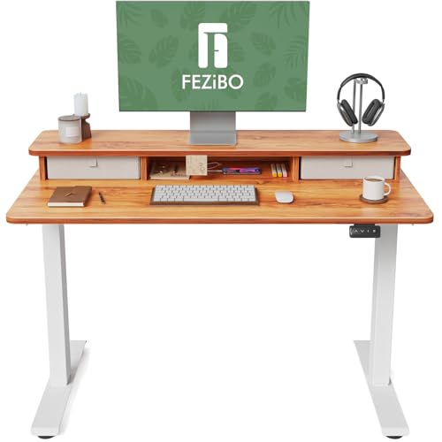 FEZIBO Electric Height Adjustable Standing Desk, 120x60cm, with Double Drawers and Storage Shelf, Light Rustic