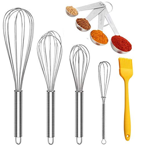 Tihokile Varilla para Batir, Batidor de Acero Inoxidable con Un Pincel de Cocina Cuatro Cucharas de Medición, para Repostería/BBQ/Cocina, 7/8/10/12 in Cover