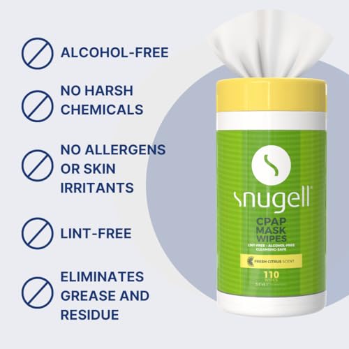 Image of Snugell Citrus Scented CPAP Mask Wipes - 110 Count - 100% Soft Cotton, Lint-Free, Alcohol-Free - Skin-Safe Formula with Aloe Vera - Easy-Open Canister for Cleaning CPAP Masks, Tubes, and Devices