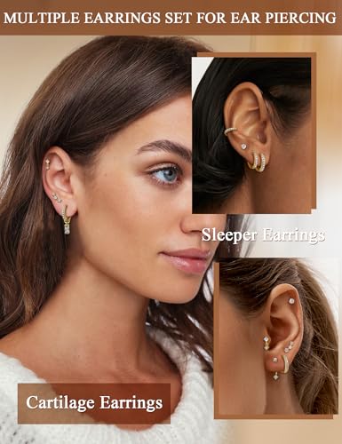 Hypoallergenic 14K Gold Plated Silver Flat Back Earrings for Women - Surgical Stainless Steel Hoop Cartilage Earrings Set Small Flatback Stud Stacks with CZ Charm Helix Conch Tragus Piercing Jewelry3