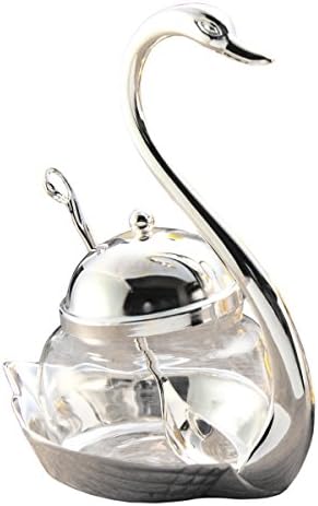 Tea Talent Condiment Pot Seasoning Container Spice Glass Jar Salt Sugar Bowl Pepper Coffee Storage Organizer Swan Rack with Serving Spoon,Silver