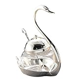 Tea Talent Condiment Pot Seasoning Container Spice Glass Jar Salt Sugar Bowl Pepper Coffee Storage Organizer Swan Rack with Serving Spoon,Silver