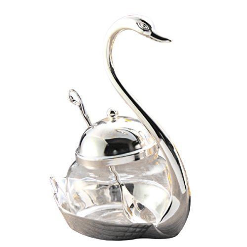 Tea Talent Condiment Pot Seasoning Container Spice Glass Jar Salt Sugar Bowl Pepper Coffee Storage Organizer Swan Rack with Serving Spoon,Silver