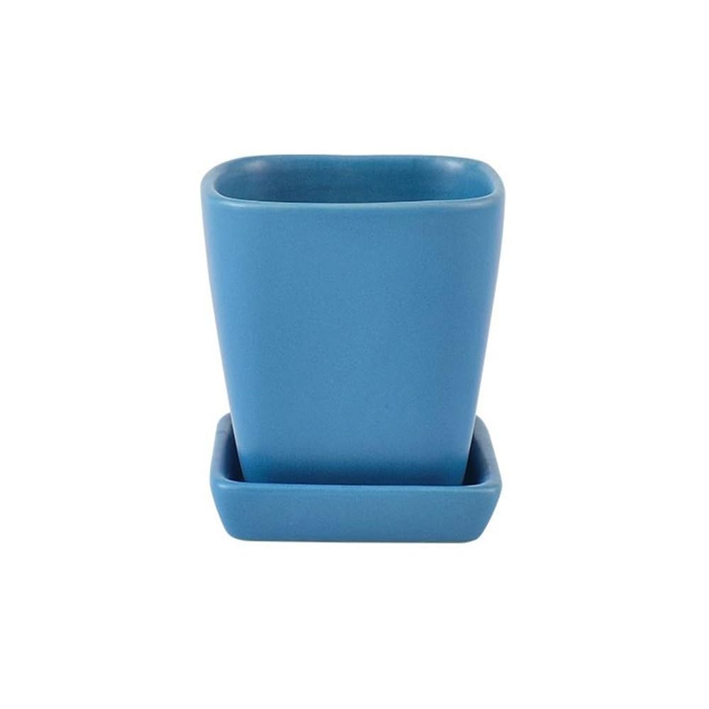 Kx9lb8d Blue Flower Planters Square Shaped Flower Pot With Drainage Holes And Saucers Tray, Tabletop Ceramic Plant For Balcony Living Room Bedroom Windowsill Small Planter