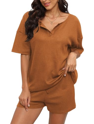 Evolyline Schlafanzug Damen Kurz, Waffel Kurzarm Pyjama Set Sommer, V-Ausschnitt Shorty Pjama für Damen, Loungewear Nachtwäsche mit Taschen&Kordelzug S-XXL