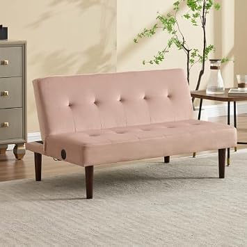 Convertible Futon Sofa Bed for Small Space, 66 Corduroy Modern New Folding Loveseat Sleeper Couch with Adjustable Back & Wood Legs, Upholstered Recliner Couches for Living Room, Office Pink