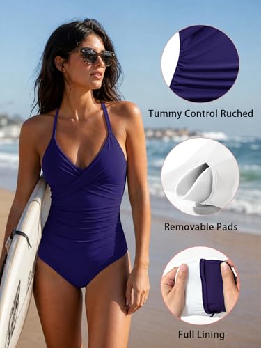 Image of B2prity Women's One Piece Swimsuit Tummy Control Front Cross Bathing Suit | Slimming Ruched ,Tie Back,Wrap Front,Adjustable Straps,Soft Removable Cups for beach, pool and vacation wear