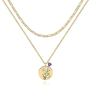 MTMY Layered Birth Flower Necklaces, 18K Gold Plated Dainty Birth Month Flower Birthstone Pendant Necklaces Jewelry Gifts for Women(February-Violet)