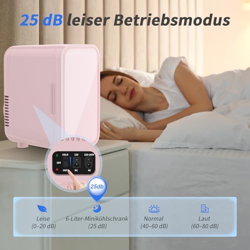 YASHE Mini-Kühlschrank, 6 Liter/8 Dosen, 220–240 V AC/DC, tragbarer thermoelektrischer Kühler, Kühlschränke für Schlafzimmer, Hautpflege, Getränke, Büro, Wohnheim und Auto, Pink