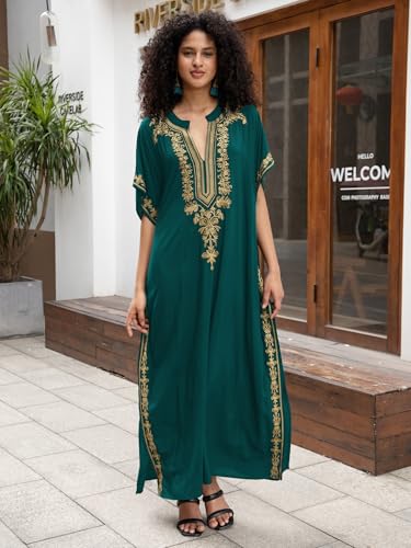 Image of KECVOT Kaftan Dresses for Women Embroidered Short Sleeve V-Neck Plus Size Caftan Bikini Swimsuit Cover-Up Long Beach Dress