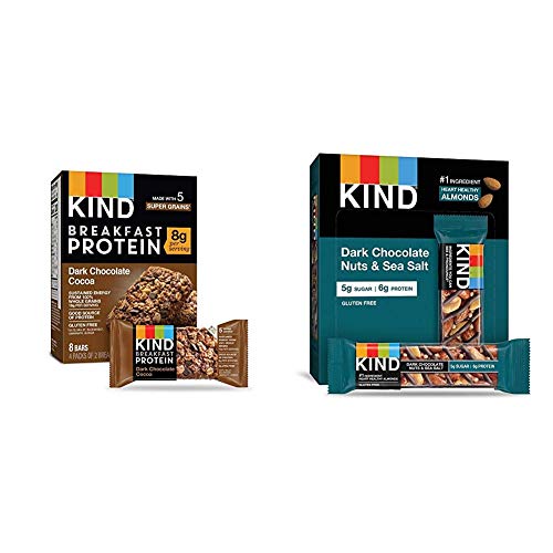 KIND Breakfast Protein Bars, Dark Chocolate Cocoa, Gluten Free, 1.76oz, 32 Count & Bars, Dark Chocolate Nuts & Sea Salt, Gluten Free, Low Sugar, 1.4 Ounce, 12 Count