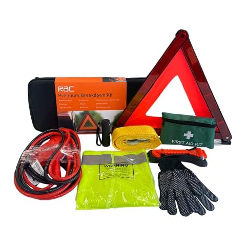 RAC Car & Vehicle Breakdown Kit - Premium Travel Safety Kit for Emergency Roadside Assistance with Jump Leads, Warning Triangle, First Aid Kit, Hi-Vis Vest, Gloves, Towrope, Window Hammer & Torch Cover