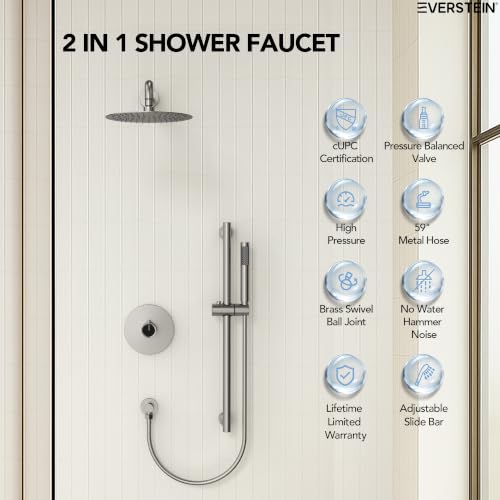 Sistema de ducha eléctrica lluvia redonda de alta presión de 10" con barra deslizante y ducha de mano, grifería para baño montaje en pared con válvula (Níquel cepillado) miniatura 3