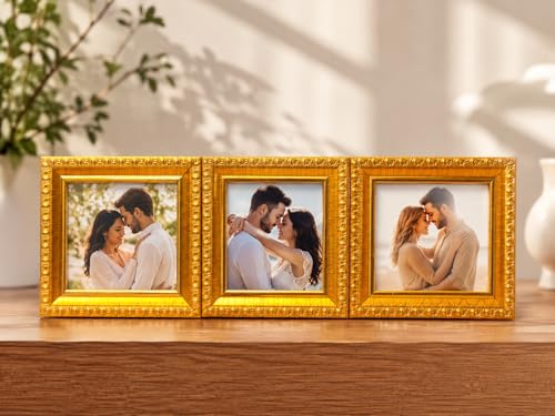 Image of Photo Frame Set of 3 - Modern Tabletop Picture Frames for Desk, Living Room & Bedroom Decor, Perfect for Wedding, Couple & Family Photos (3 x 3 inches) (Golden design)