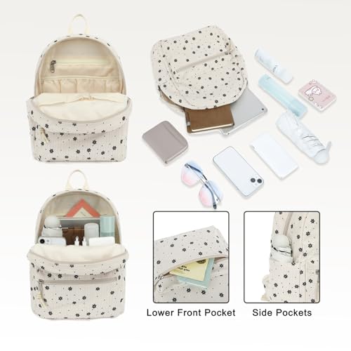Image of Corduroy Womens Mini Backpack Girls Small Backpack Purse Fashion Casual Daypack School Bookbag (Floral Beige)