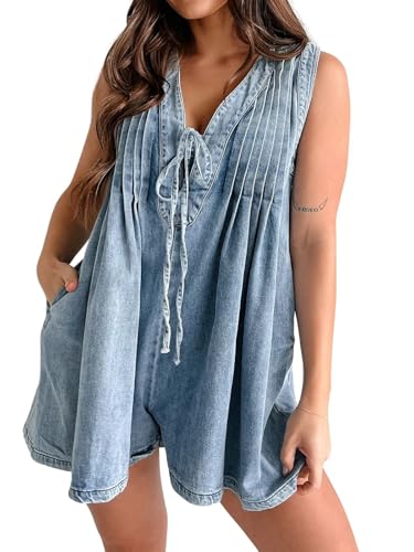 utcoco Womens Summer Casual Sleeveless Denim Romper Tie Front V Neck Jean Overall Shorts Romper With Pockets (Small, Light Blue)