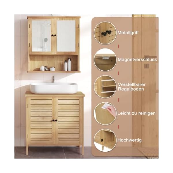 EUGAD Waschbeckenunterschrank Unterschrank Badezimmerschrank Waschtisch Badschrank mit 2 Türe 60 x 30 x 60 cm Bambus – Bild 5