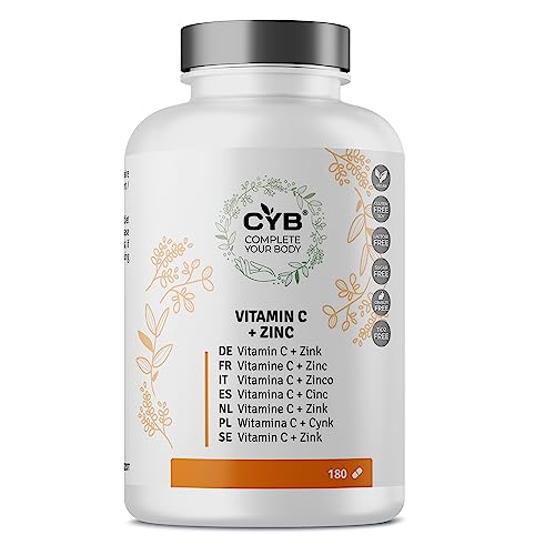 CYB | Vitamin C + Zink – Hochwertiges Nahrungsergänzungsmittel mit Vitamin C und Zink – Immunsystem & Zellschutz – 180 Tabletten