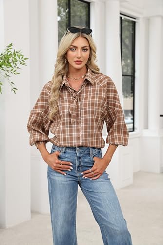 AKODOZO Womens Oversized Tie Neck Button Down Blouse Long Sleeve Shirt Business Casual Work Top for Daily Wear — view 4