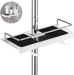 DUFU Bathroom Shelf, Shower Caddy No Drilling Shower Pole Shelf Bath Organiser with Buckle and Shower Head Hook Rustproof Storage Rack for 22mm-25mm Shower Rail Silver
